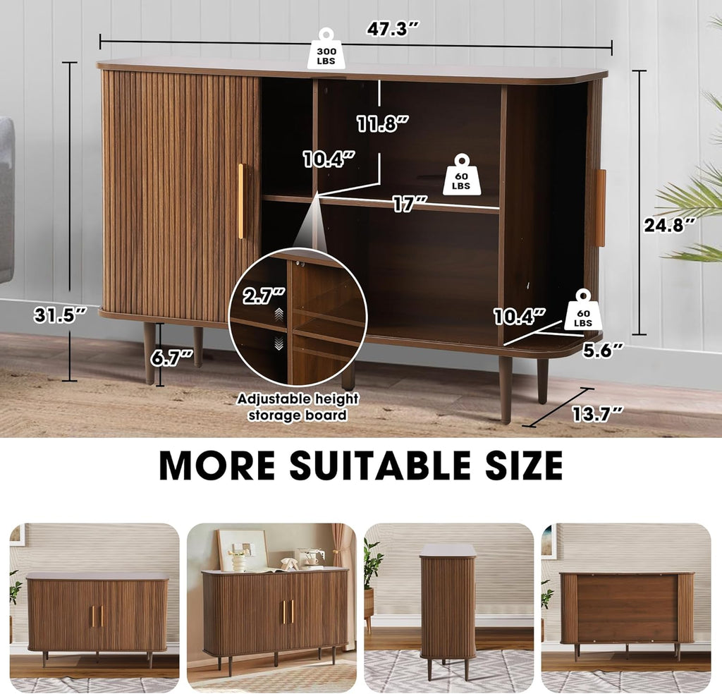 Grepatio 47" Sideboard Buffet Cabinet with Fluted Slide Doors, Tambour Storage Cabinets with Adjustable Shelves, Credenza Console Mid Century Cabinet for Living Room Hallway Entryway (Brown)