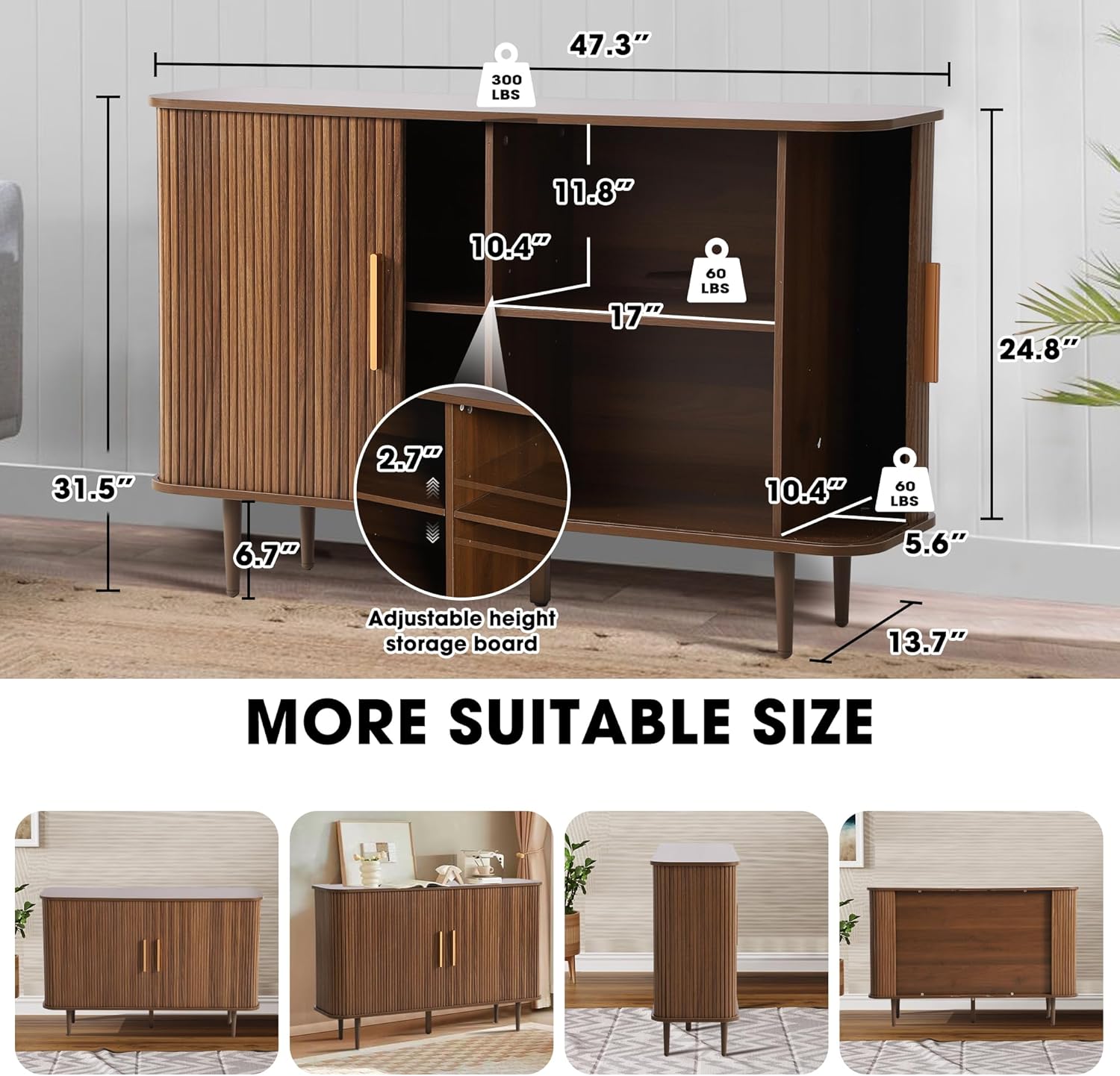 Grepatio 47" Sideboard Buffet Cabinet with Fluted Slide Doors, Tambour Storage Cabinets with Adjustable Shelves, Credenza Console Mid Century Cabinet for Living Room Hallway Entryway (Brown)