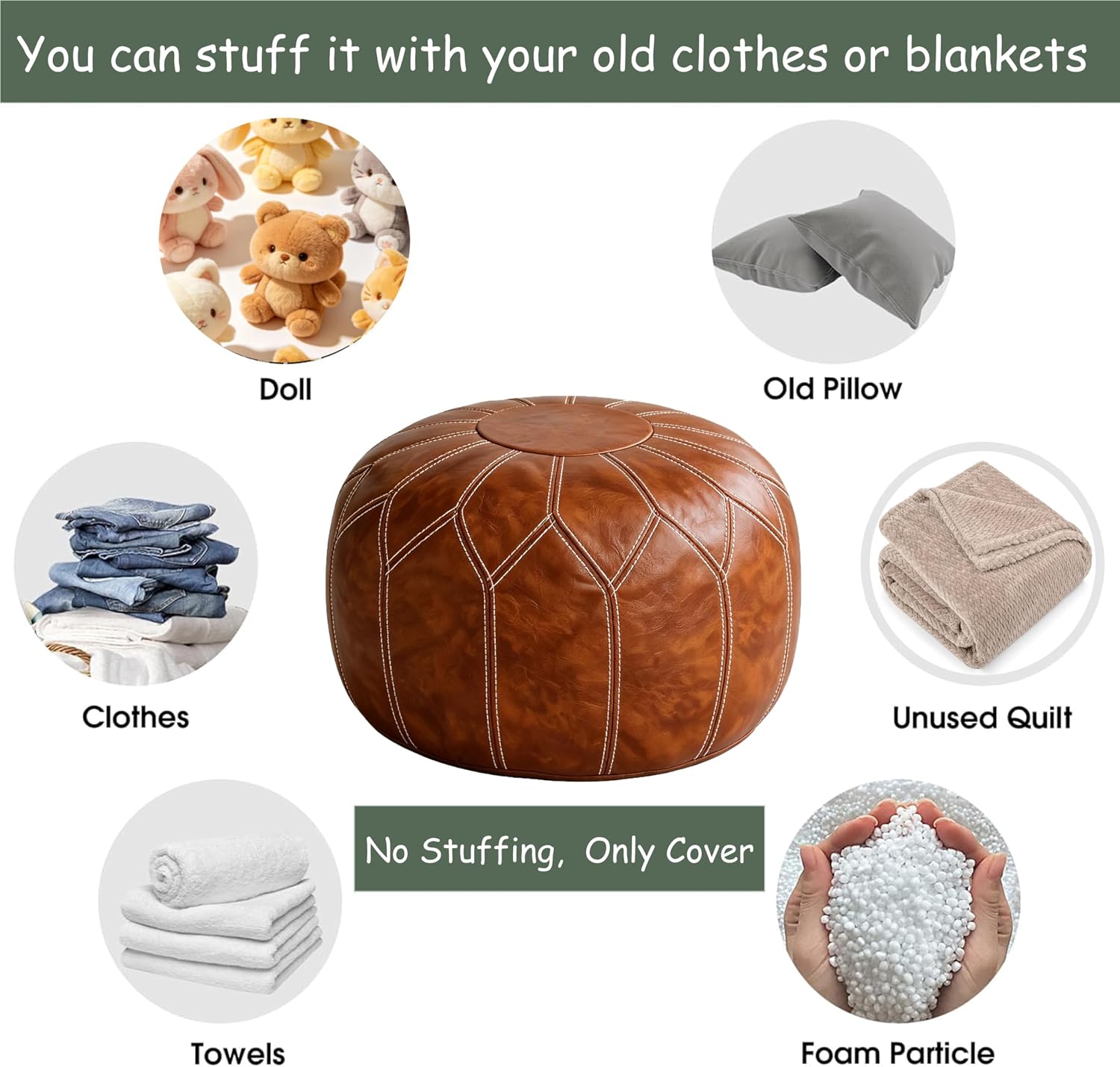 Thgonwid Round Unstuffed Pouf Cover, Faux Leather Storage Ottoman, Boho Moroccan Foot Stool, Multi-Purpose Home Decor for Living Room, Bedroom and Balcony, Brown, No Filling Included