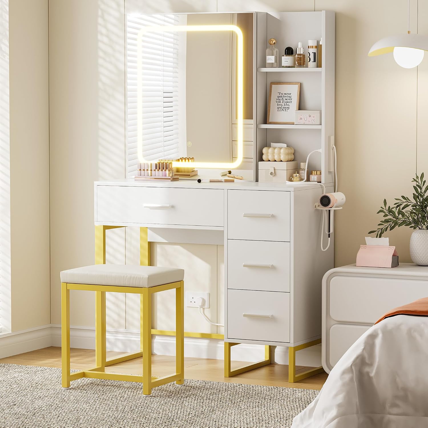 GAOMON 57'' Large Vanity Desk with Mirror & Lights, Makeup Vanity Table with Charging Station,