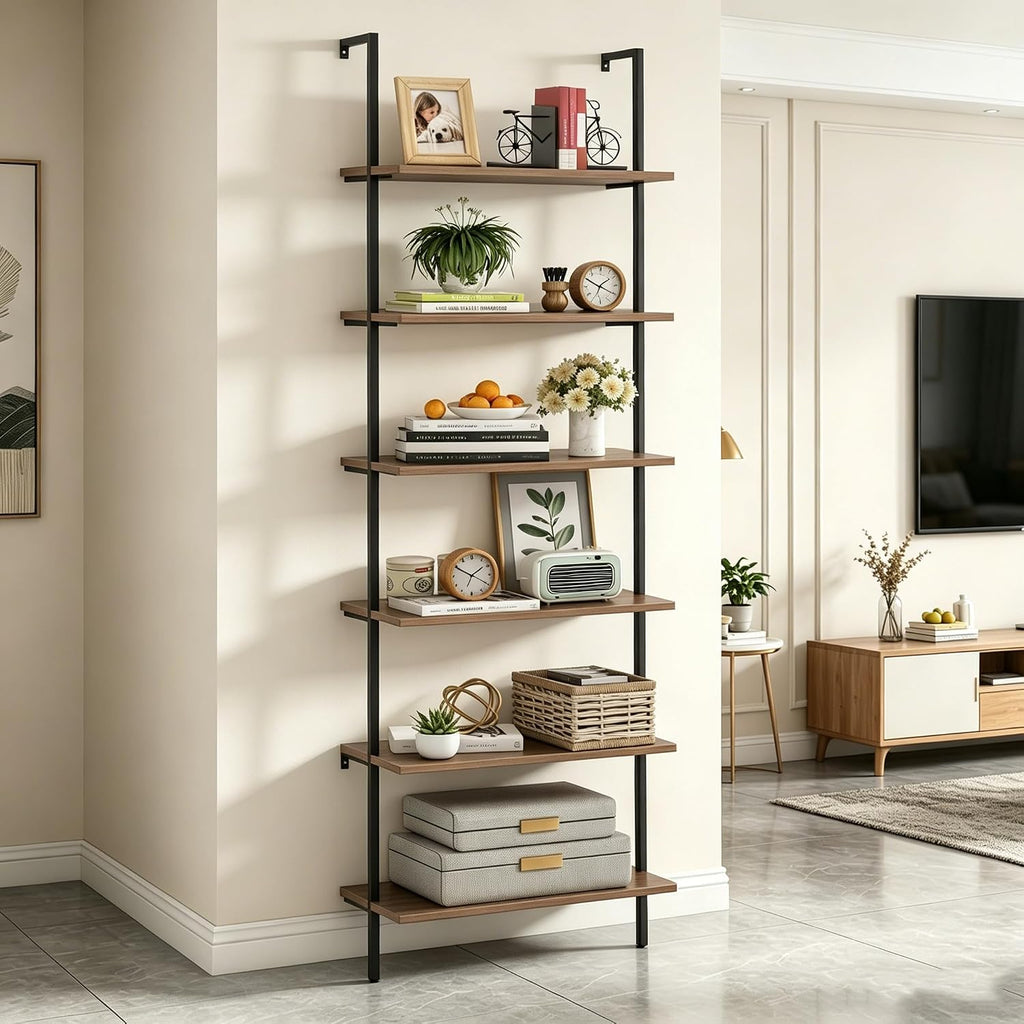 Wolawu Ladder Shelf Black 6 Tiers Modern Bookshelf Room Organizer Open Tall Wall Mount Bookcase Standing Leaning Wall Shelves Industrial Decorative Living Room Bed Room (Brown)