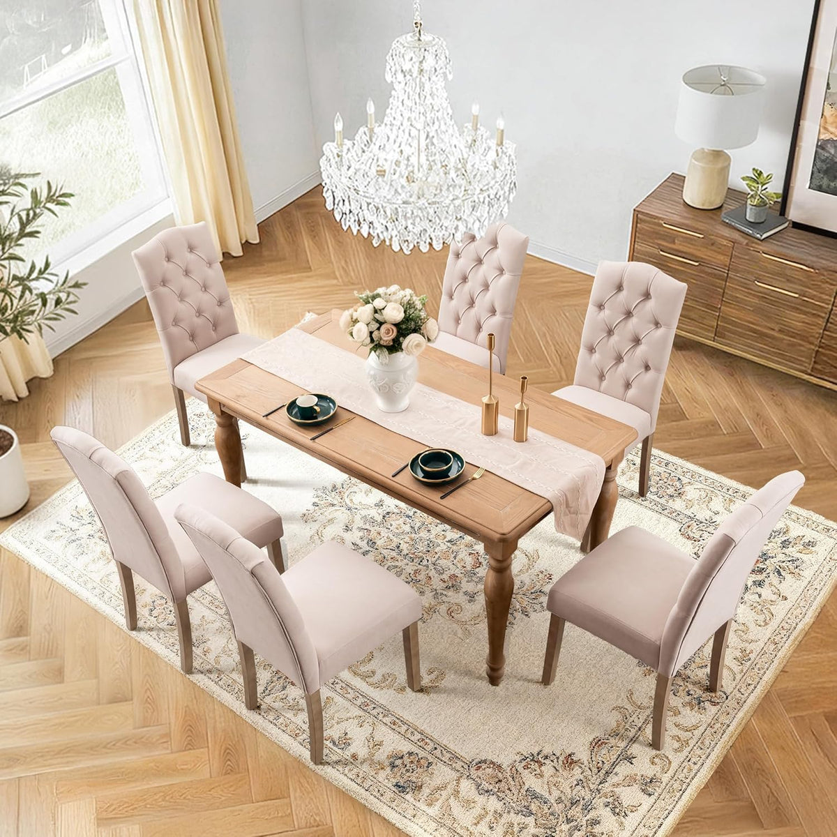 Tufted Upholstered Parsons Dining Chair Set Fabric Diner Accent Stylish Modern Kitchen Living Room with Button Sturdy Solid Wood Legs, 2-Pack