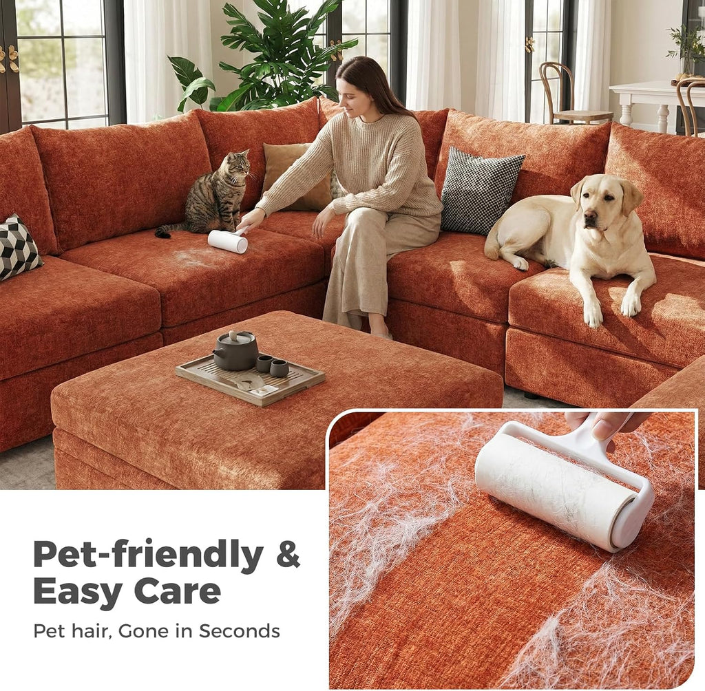 ABCASA L-Shaped 4-Seater Modular Sectional Sofa with Movable Storage Ottoman, Comfy Cloud Couch Set in Terracotta Orange Chenille for Living Room