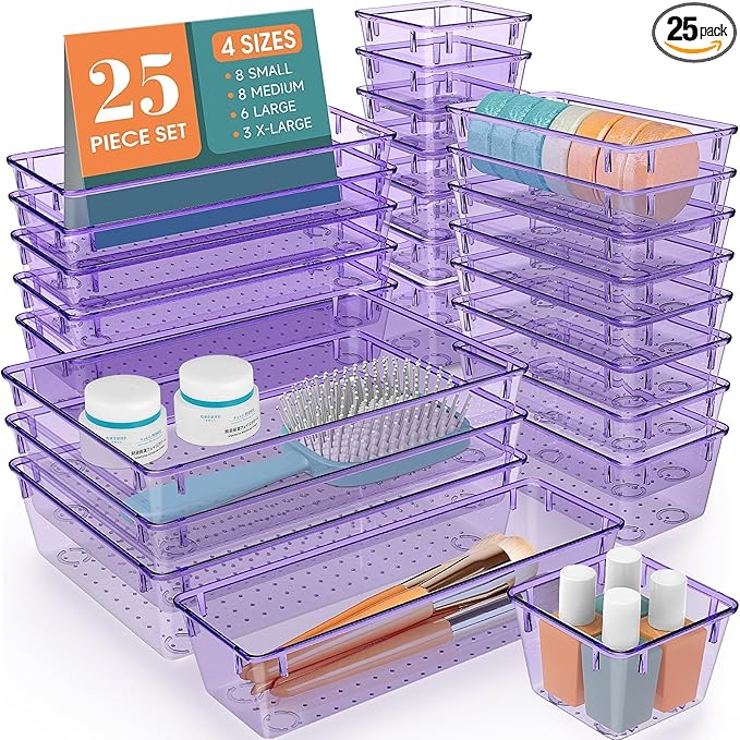 25 PCS Drawer Organizer Set, 4 Varied Size Bathroom and kitchen Drawer cabinet organizer Trays, Clear Storage Bins for Makeup, Jewelry, Utensils and Gadgets， Purple