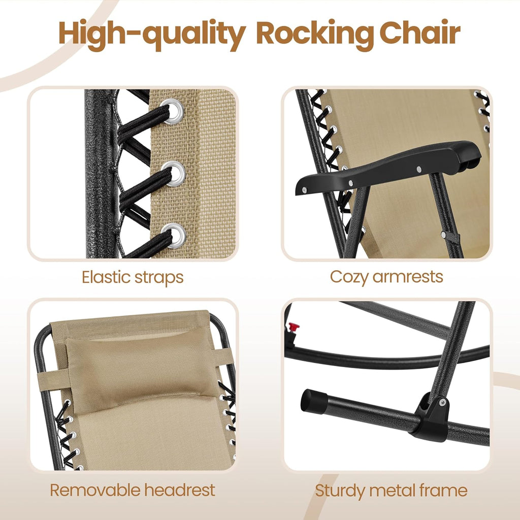 Yaheetech Patio Rocking Chair Folding Camping Chair with Pocket, Beige | Folding rocking recliner with smooth zero-gravity recline, ergonomic design with pillow. Great for patio, lawn & camping.