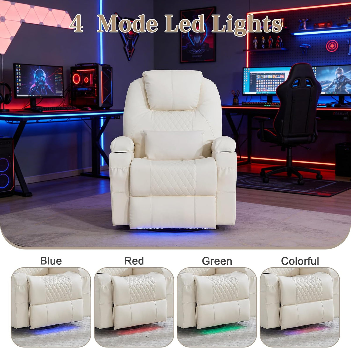 AHMED Dual Motor Power Swivel Rocker Recliner Chair, Faux Leather, Beige | Electric Glider Rocking Chairs, Massage & Heat, Cup Holders, LED Lights, USB A/USB C Ports