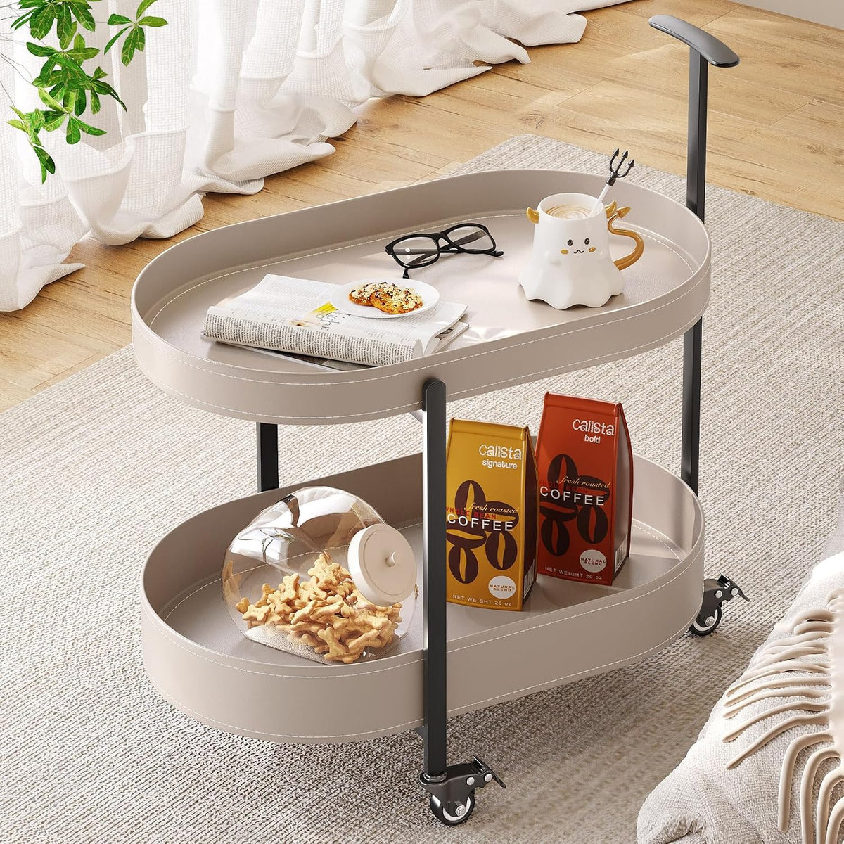 Oval End Table with Storage Shelves, 2-Tier PU Leather Tray Side Table with Wheels, Modern Sofa Table & Nightstand for Bedroom, Living Room, Compact Rolling Tray Table with Lockable Casters