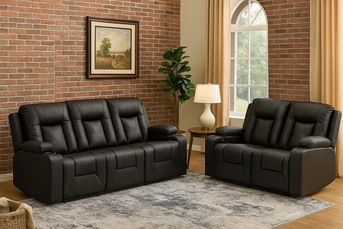 LUCKLIFE Faux Leather Recliner Sofa Set,Manual Living Room Furniture Sets | 3 Seat Reclining Sofa Couch and Loveseat with Cup Holders for Meeting Room,3+2