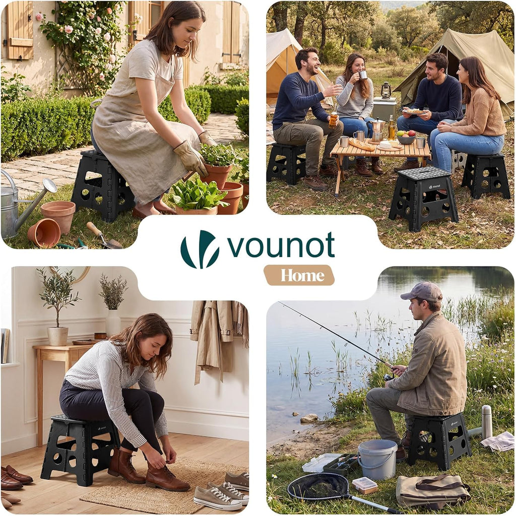 VOUNOT® Folding Step Stool, Portable Stepping Stool with Carrying Handle, Anti-Slip Folding Stool for Bathroom, Garden, Camping, Home, 37 x 30 x 32.5 cm, Black