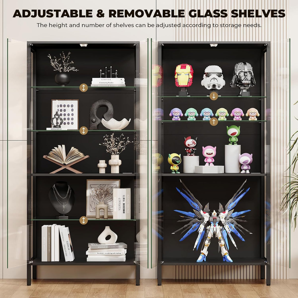 Glass Display Cabinet, 5-Tier Display Case with Adjustable Glass Shelves, Metal Curio Cabinet with 3 Color Lights for Collectibles, Bookcase with Human Body Sensor, Black