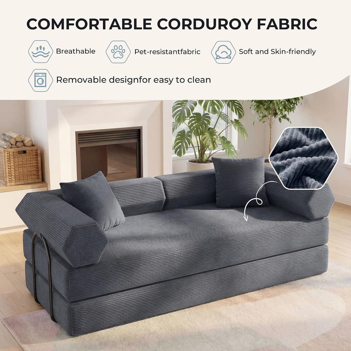 79" Convertible Futon Sofa Bed, Couch for Living Room | Dark Gray | Corduroy Loveseat Sleeper Sofa, Modular Futon Couch with Pocket Spring Core, Pull Out Couch No Assembly