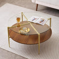 Extra Large Round Coffee Table, Mid-Century Modern Design, D34 x H17 in, for Living Room, 2-Tier Structure, Clear Glass Top and Walnut MDF Shelf, Sleek Conical Metal Legs with Gold Finish