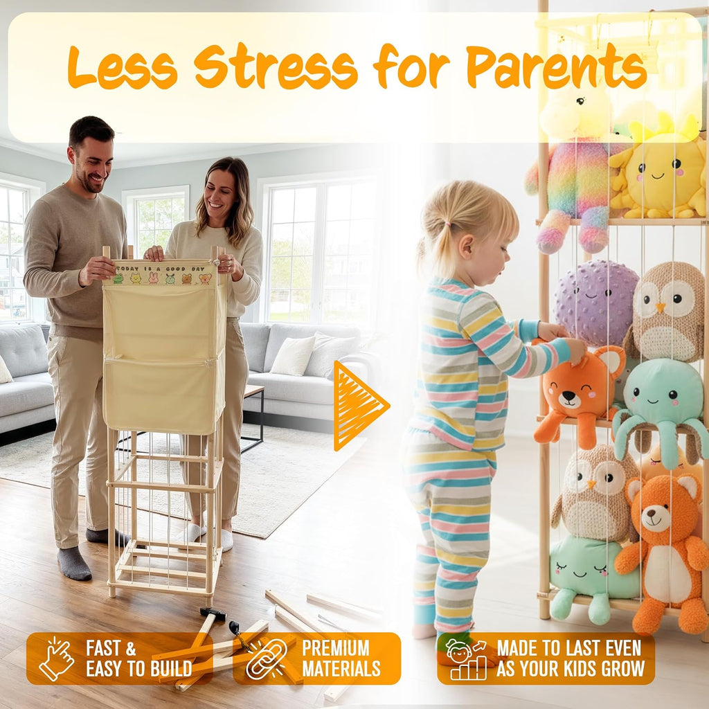 54-Inch Tall Stuffed Animal Storage Organizer - Premium Wooden Plush Toy Holder Zoo, Large Toy Storage Tower with Elastic Rope & Side Storage Bag for Kids Room, Nursery, Playroom, Corner (Sprinoak)