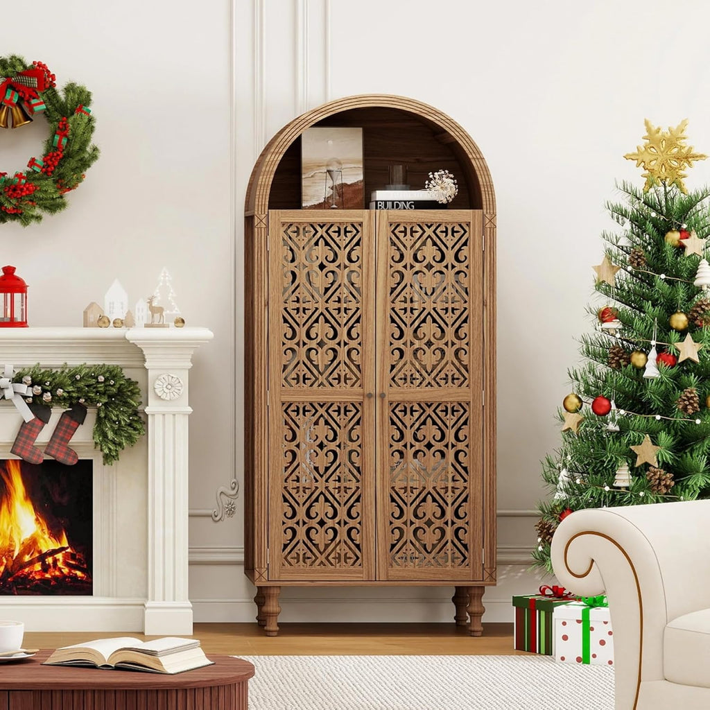 70" Tall Arched Storage Cabinet with 2 Hollow Carved Doors, Boho Kitchen Pantry with 5-Tier Storage Space, Modern Farmhouse Cupboard Bookcase for Living Room, Kitchen, Study, Walnut, 1 PCS