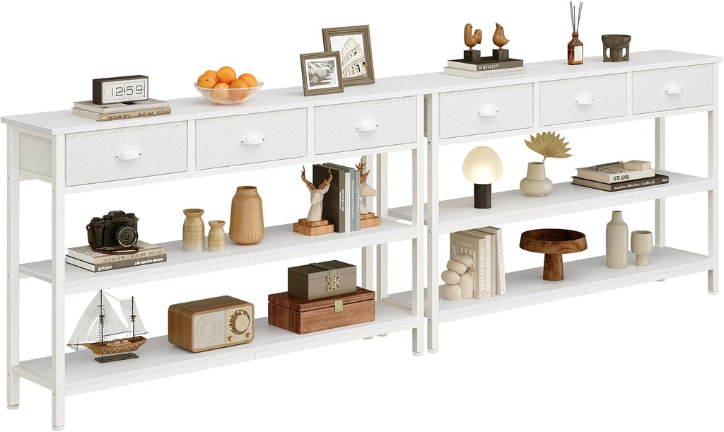 47" console table Set of 2 with 3 Drawers, Sofa Table for Behind Couch | Industrial Hallway Table with Open Wooden Shelves for Hallway, Entry Way, Living Room, Kitchen, Foyer, White