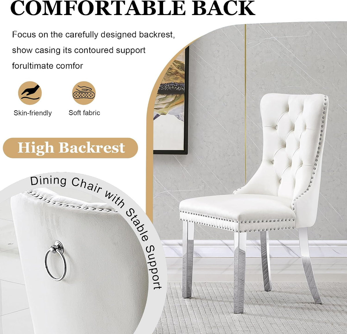 7 Piece Kitchen & Dining Room Set, Luxurious 70" White Large Marble Dining Table with Beige Velvet Cushion Chairs for Living Room, Kitchen (1 Silver-Base Table, 6 Chairs)
