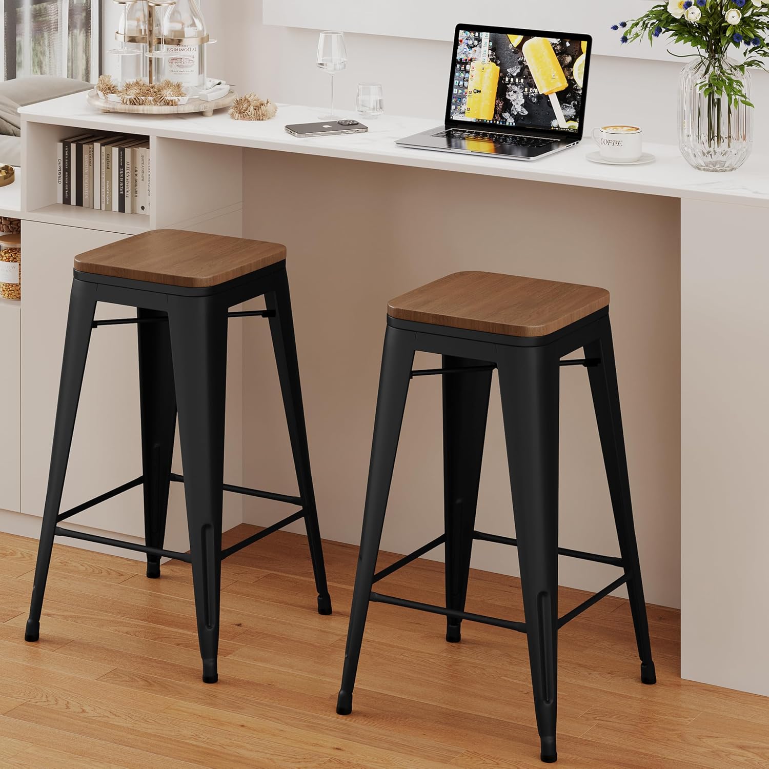 Alunaune 30" Metal Bar Stools Set of 2 Stackable Counter Height Barstools Backless Industrial Kitchen Bar Chairs with Wooden Seat-Matte Black