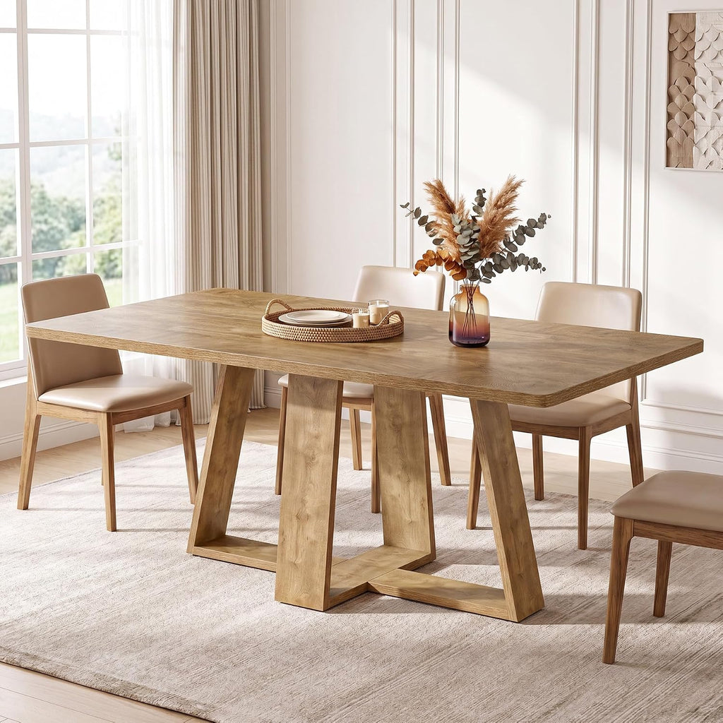Tribesigns 63-Inch Dining Table, Farmhouse Kitchen Table with Wooden Pedestal, Rectangle Dinner Table for Kitchen, Dining Room, Small Space, Rustic Brown, Capacity 4-6
