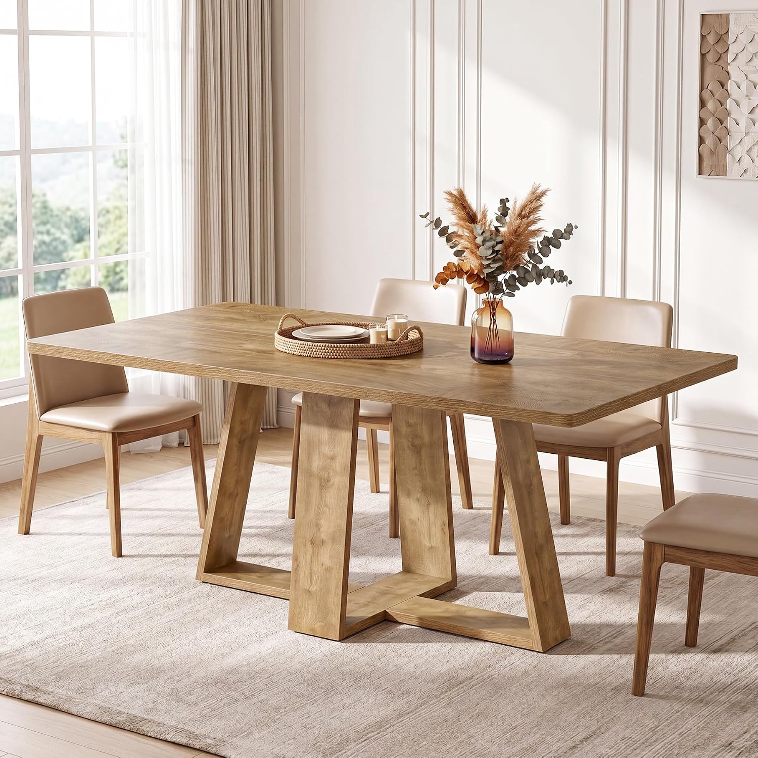 Tribesigns 63-Inch Dining Table, Farmhouse Kitchen Table with Wooden Pedestal, Rectangle Dinner Table for Kitchen, Dining Room, Small Space, Rustic Brown, Capacity 4-6
