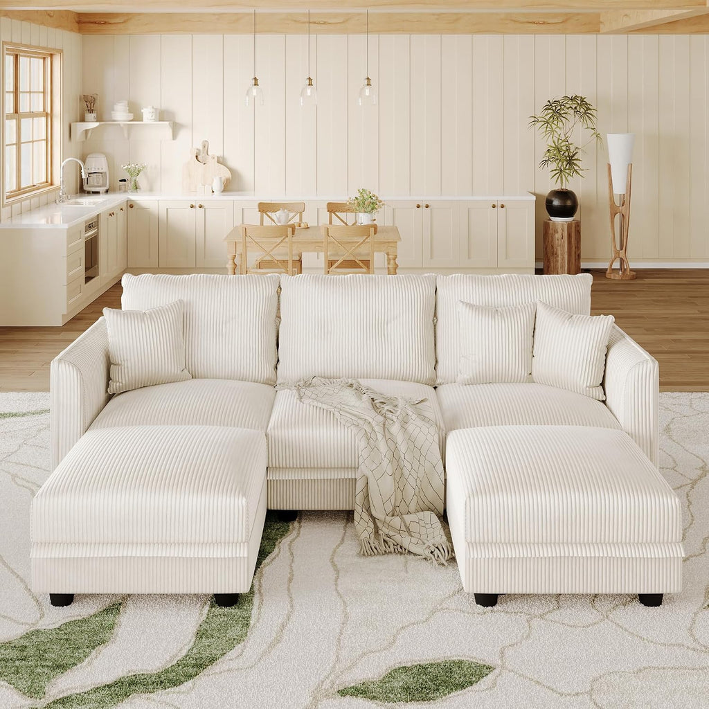 LLappuil Sectional Sofa Modular Cloud Couch with 5 Storage Seats & 3 Throw Pillows, Corduroy U Shaped Couches for Small Space, Rearrangable Apartment Sofas, Scratch Resistant, Beige