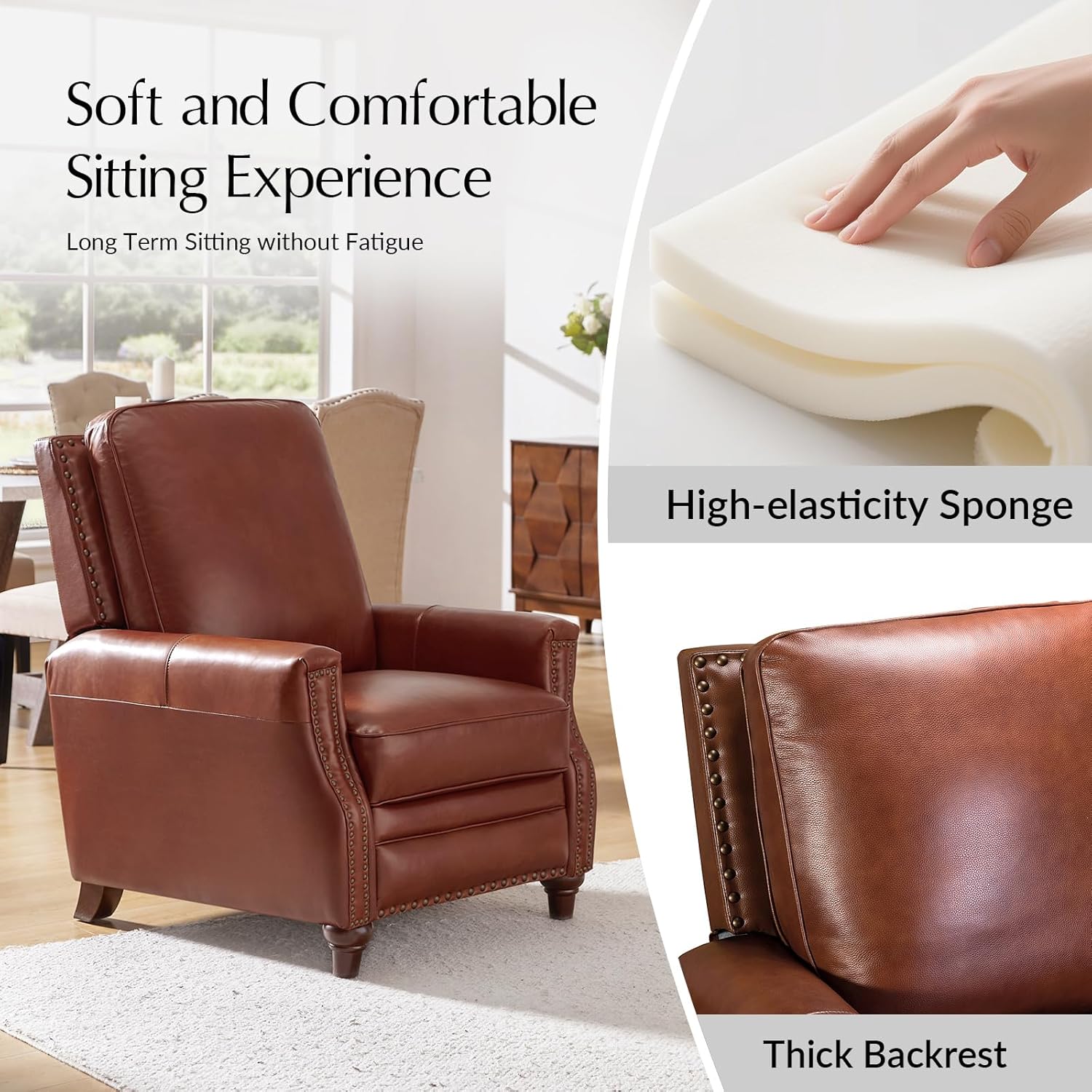 HULALA HOME Genuine Leather Manual Recliner Chairs Set of 2 with Adjustable Backrest & Footrest, Mid Century Modern Push Back Recliners with Nailhead Trim & Wood Legs, Brown