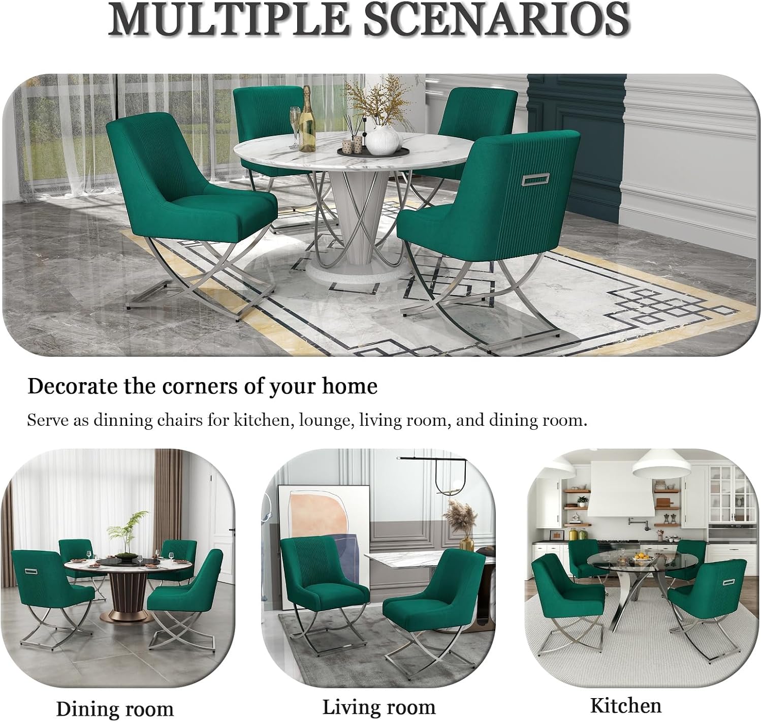 Kitchen Dining Chairs Set of 4,Accent Modern Upholstered Velevt,Contemporary Tufted Metal Chairs with X-Shaped Sliver Legs for Dining Room,Living Room, Reception Room(Dark Green)
