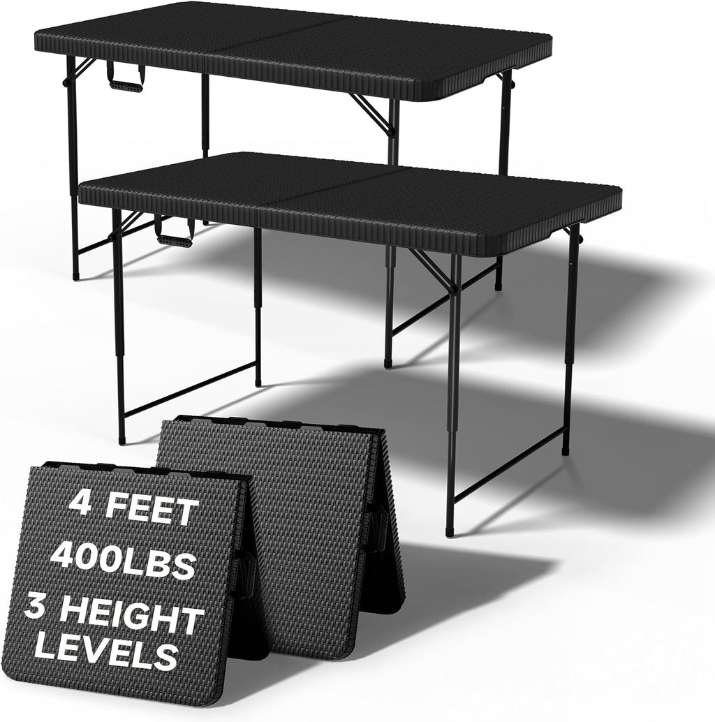 Folding Table 4 Foot - 3 Level Adjustable Height, HDPE Wicker Pattern, Heavy Duty 440LBS Capacity, Portable - for Camping, Party, Indoor & Outdoor Use, 2 Pack