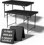 Folding Table 4 Foot - 3 Level Adjustable Height, HDPE Wicker Pattern, Heavy Duty 440LBS Capacity, Portable - for Camping, Party, Indoor & Outdoor Use, 2 Pack