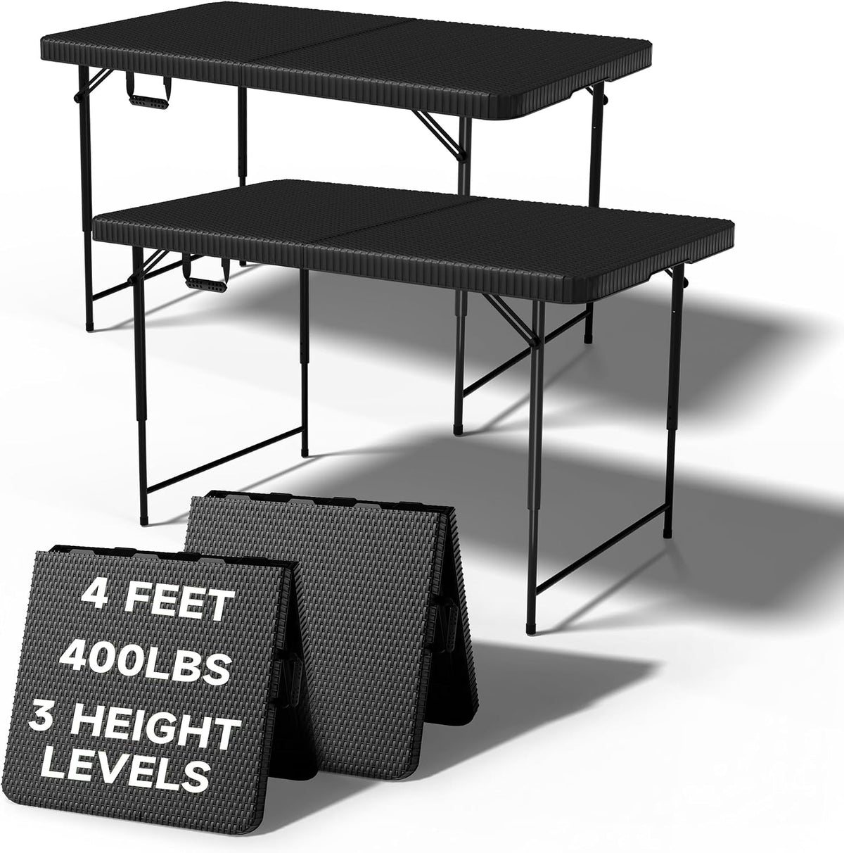 Folding Table 4 Foot - 3 Level Adjustable Height, HDPE Wicker Pattern, Heavy Duty 440LBS Capacity, Portable - for Camping, Party, Indoor & Outdoor Use, 2 Pack