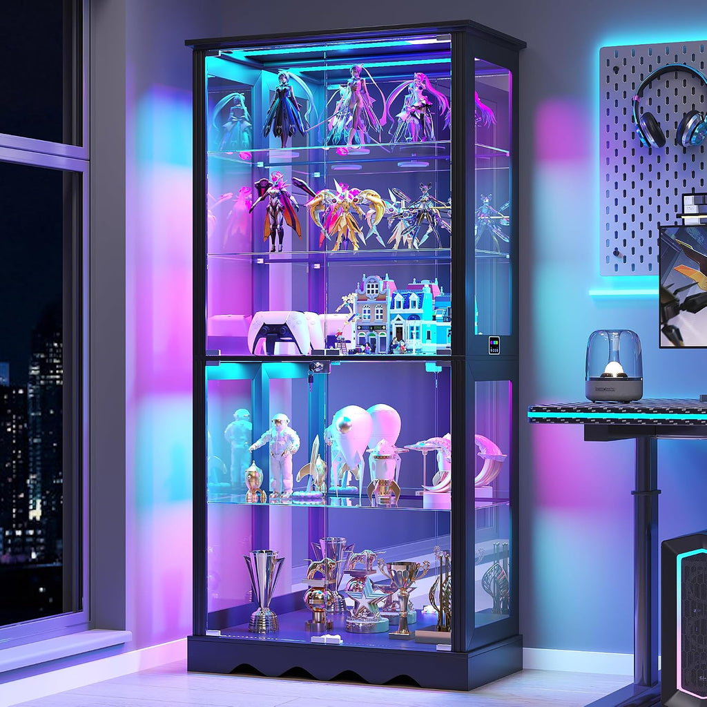 Dystler Display Cabinet with Glass Doors, RGB Lights for Collectibles