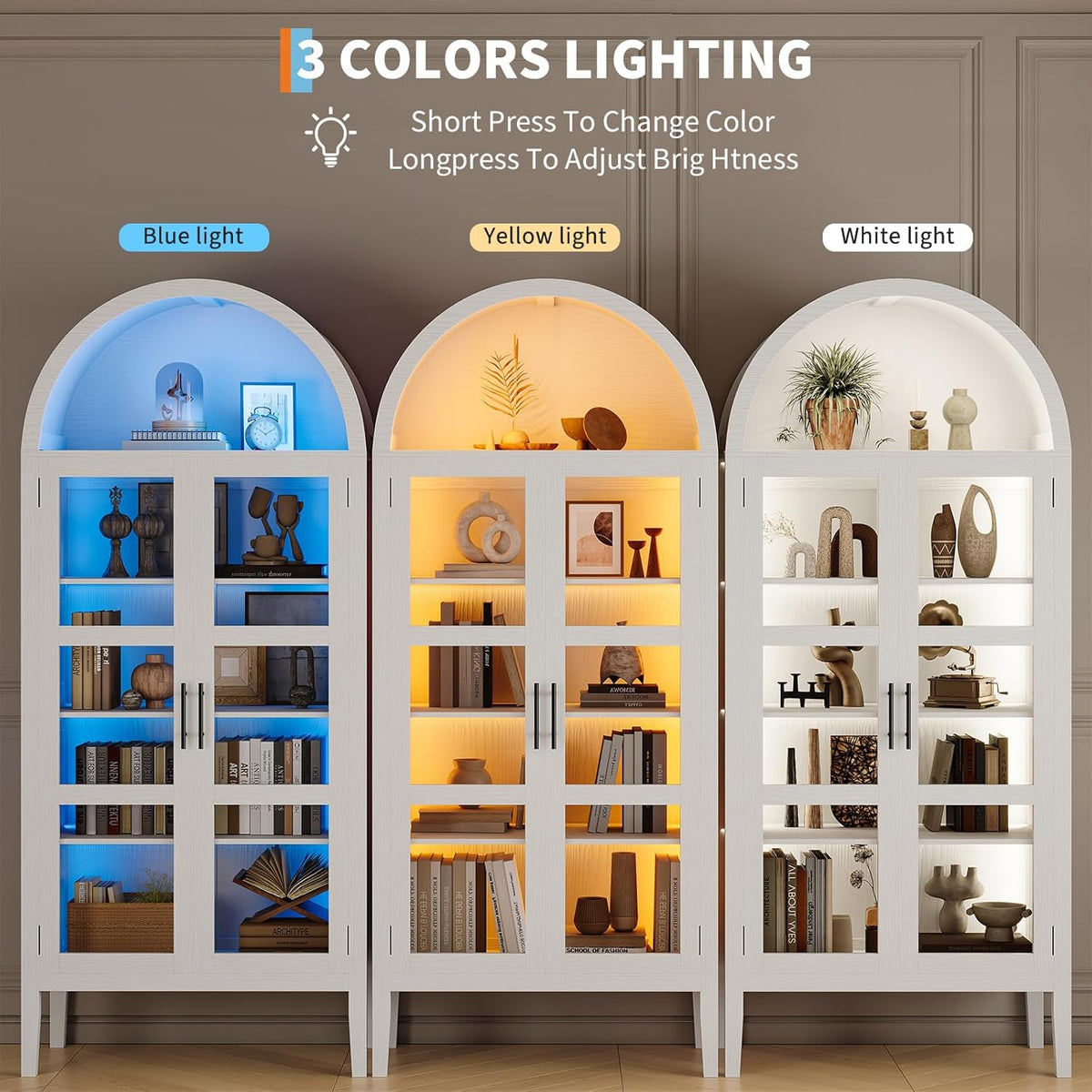 70" Tall Arched Pantry Cabinet with Tempered Glass Doors and LED Lighting - Modern Wood Display Storage with Adjustable Shelves and Acrylic Side Panels - for Kitchen, Dining, Living Room -