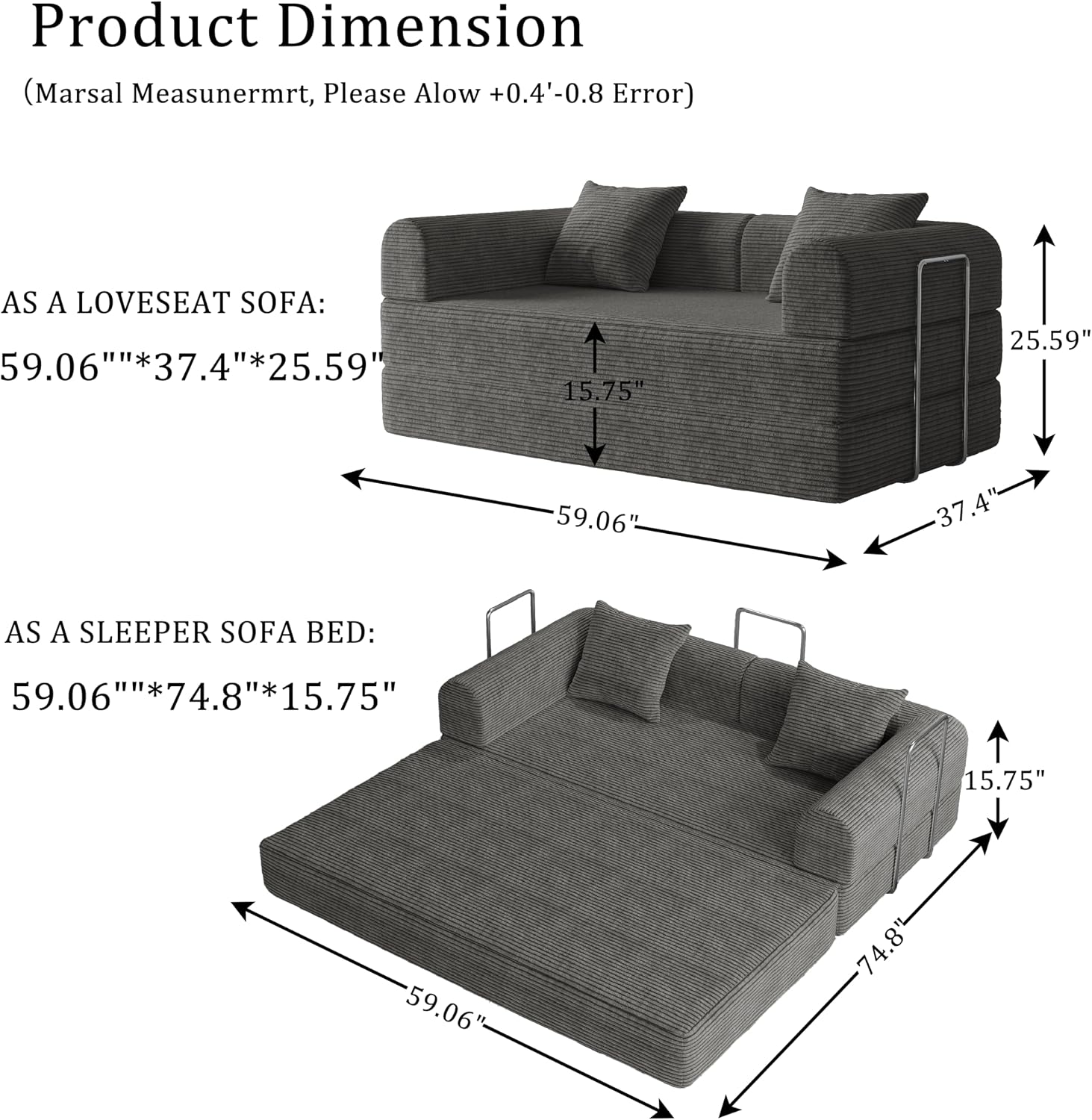 Futon Sofa Bed Modular Loveseat Sleeper Folding Pull Out Couch with Pillows, No Assembly Required Couch for Living Room Bedroom Guest Room (Grey, 59.06" Loveseat Sofa)