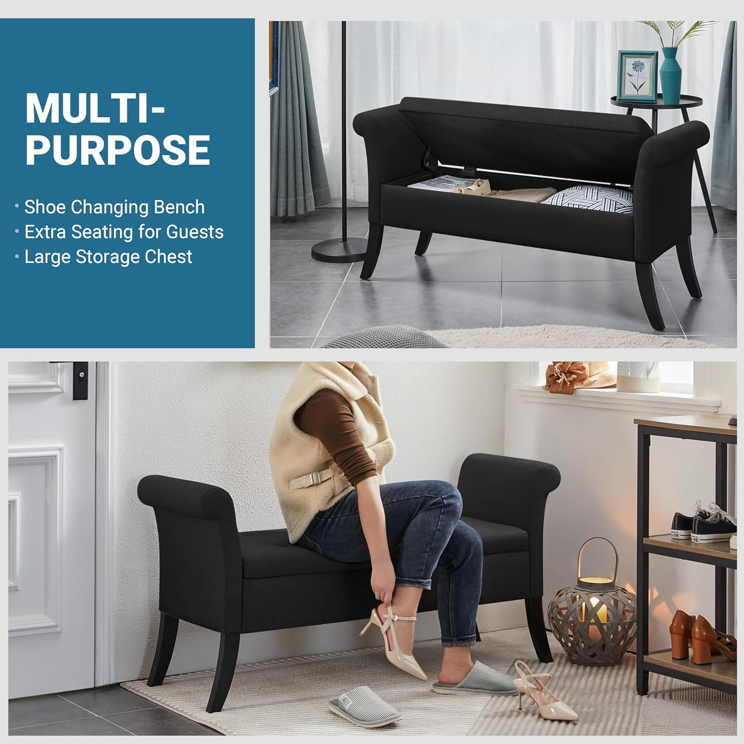 Yaheetech 52in Rolled Arm Storage Ottoman Bench Seat for Entryway, Black | Button-Tufted Bench Seat with 1.9C Storage Space, Rolled Arms, Wood legs, Metal Hinges, for Living Room Window Seat Entryway