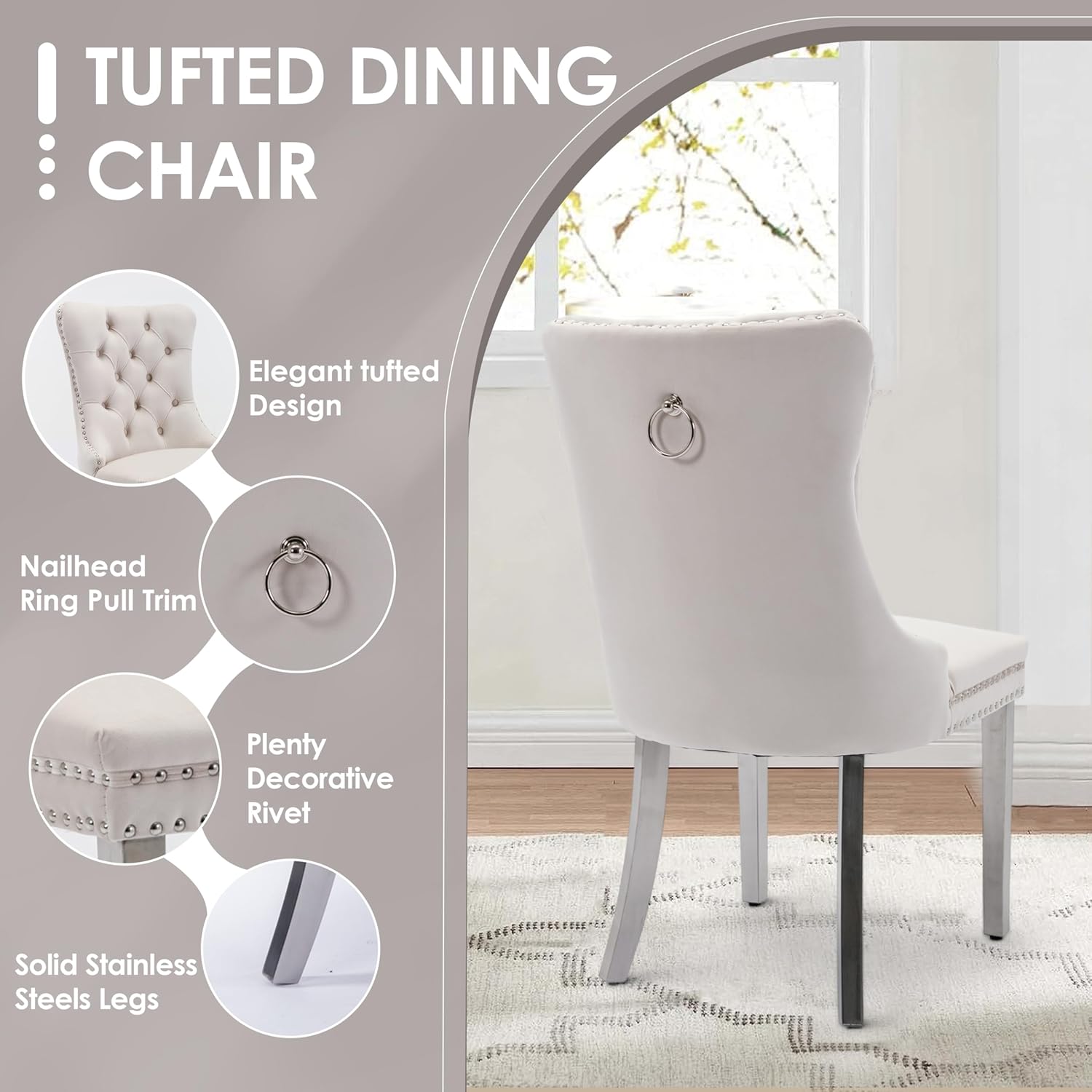 5 Pieces Silver Glass Dining Table Set, Modern Luxury Square Kitchen Table Set for 4, 36'' Clear Minimalist Glass Top Dinner Set, Beige High-end Tufted Chairs, for Small Place Living Room
