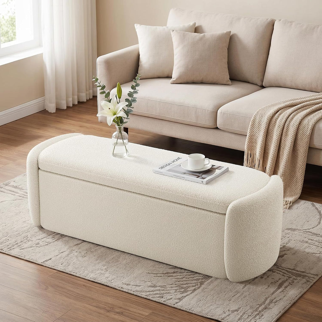 VKNOW 51" Storage Ottoman Bench, Upholstered End of Bed Bench with Smooth Hinges, Oval Large Ottoman Bench for Bedroom, Living Room and Hallway Entryway, Beige