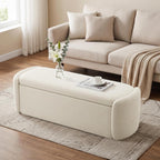 VKNOW 51" Storage Ottoman Bench, Upholstered End of Bed Bench with Smooth Hinges, Oval Large Ottoman Bench for Bedroom, Living Room and Hallway Entryway, Beige
