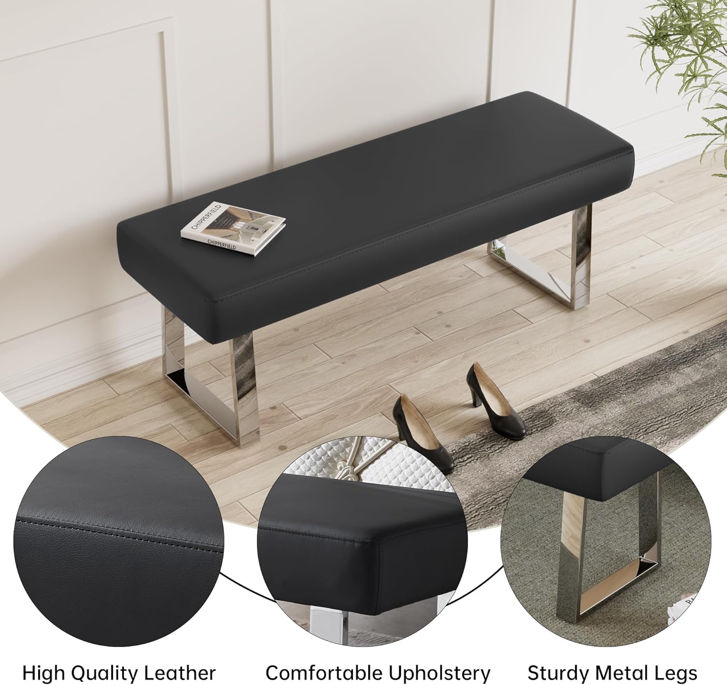 JIEXI 45.3" Indoor PU Leather Upholstered Footstool Bench with Metal Legs | Thick Cushion, Strong Silver Legs, Great for Entryway, Kitchen, Plant Stand, Bedroom Living Room Window