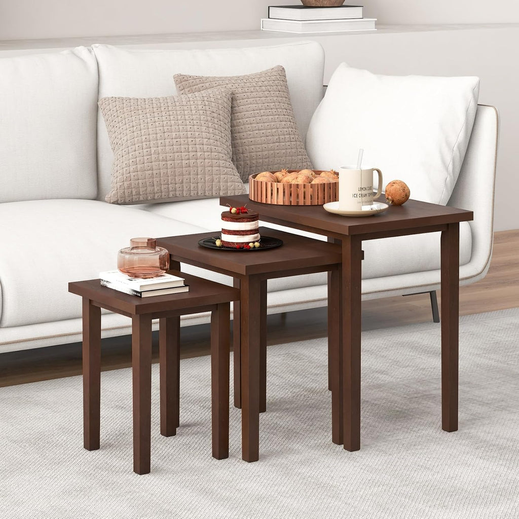 Giantex Nesting Tables Set of 3, Farmhouse Stacking Side Table with Rubber Legs, Wooden Rectangle Accent End Table, Nesting Coffee Tables for Living Room Bedroom (Walnut)