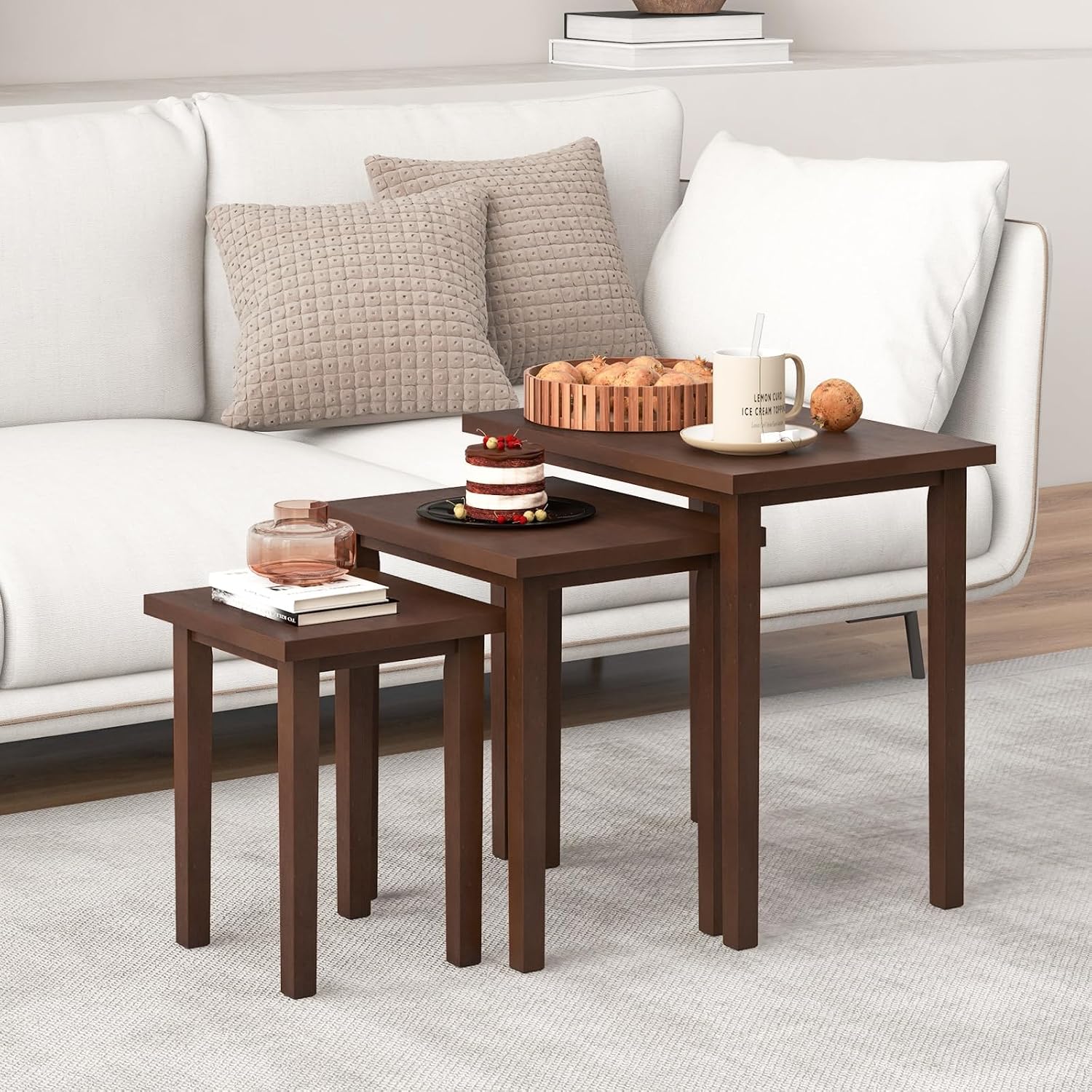 Giantex Nesting Tables Set of 3, Farmhouse Stacking Side Table with Rubber Legs, Wooden Rectangle Accent End Table, Nesting Coffee Tables for Living Room Bedroom (Walnut)