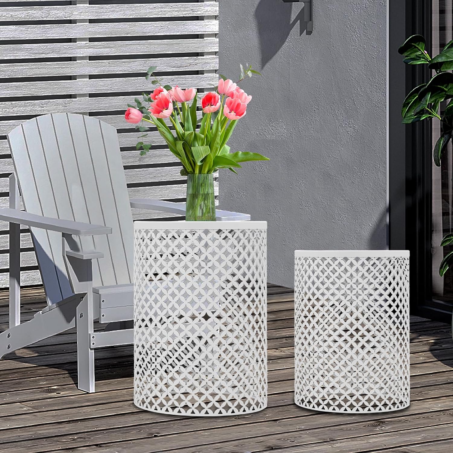 Side Table, Set of 2 Accent Table Decorative Garden Stools for Indoor Outdoor, Bedside Table End Table for Bedroom, Patio, Cafe, Bar, Garden, Nesting, White