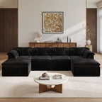 142" Modular Cloud Sectional Couch with Ottoman, Modern Upholstered Compressed Sofa with Deep Seat, Comfy U-Shape Corduroy Couches for Living Room, No Assembly Required, Black