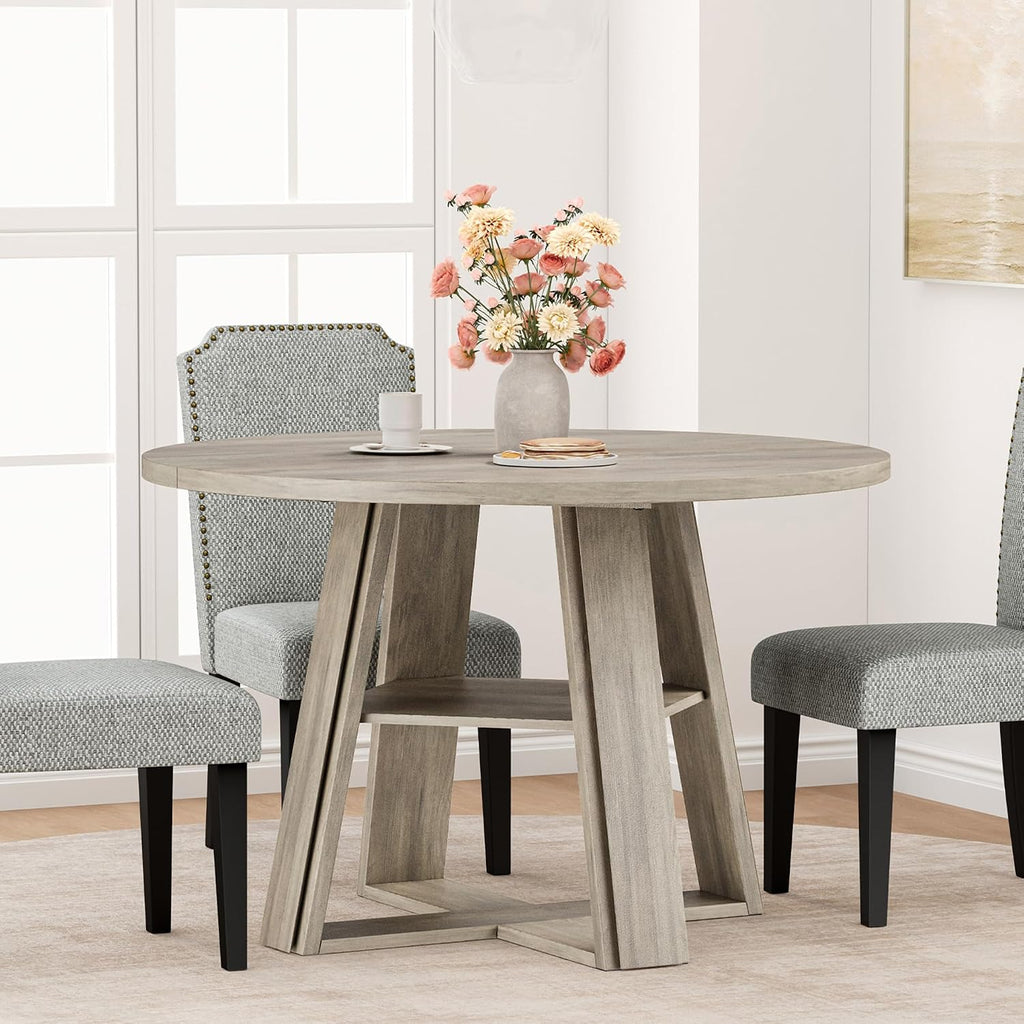 GarveeHome 43.3" Round Dining Table for 2-4 People, Circle Kitchen Table with Wooden Pedestal Base and Storage Shelf for Small Space Saving for Living Room, Apartment (Table Only)