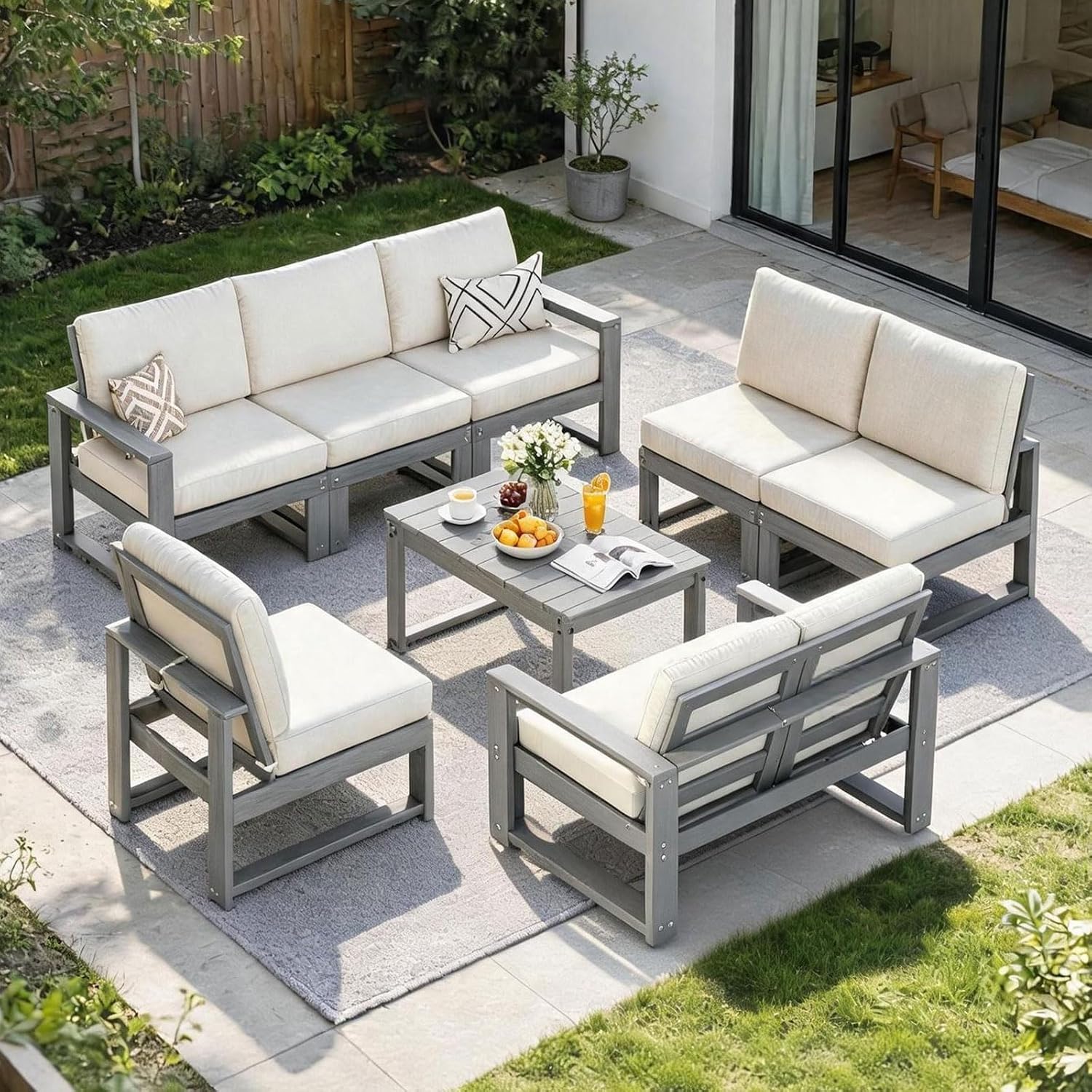 9-Piece Patio Furniture Set,HDPE Outdoor Furniture with Coffee Table,Outdoor Couch Sets with Cushions,Patio Sectional Sofas for Porch,Backyard,Deck,Grey