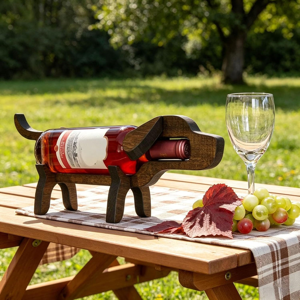 Wooden Dog-Shaped Wine Bottle Holder, Freestanding Tabletop Rack, Natural Wood, Beech Wood, Novelty Animal Style