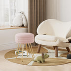 VECELO Round Velvet Vanity Stool with Storage, Faux Fur Padded Makeup Chair with 4 Metal Legs for Bedroom, Pink
