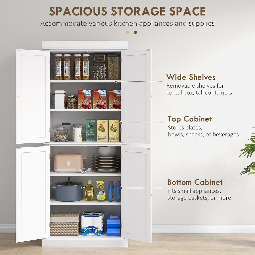 HOMCOM 72.5" Tall Kitchen Pantry Cabinet, Freestanding Modern Farmhouse Kitchen Storage Cabinet with 4 Doors and 2 Adjustable Shelves for Dining Room, White