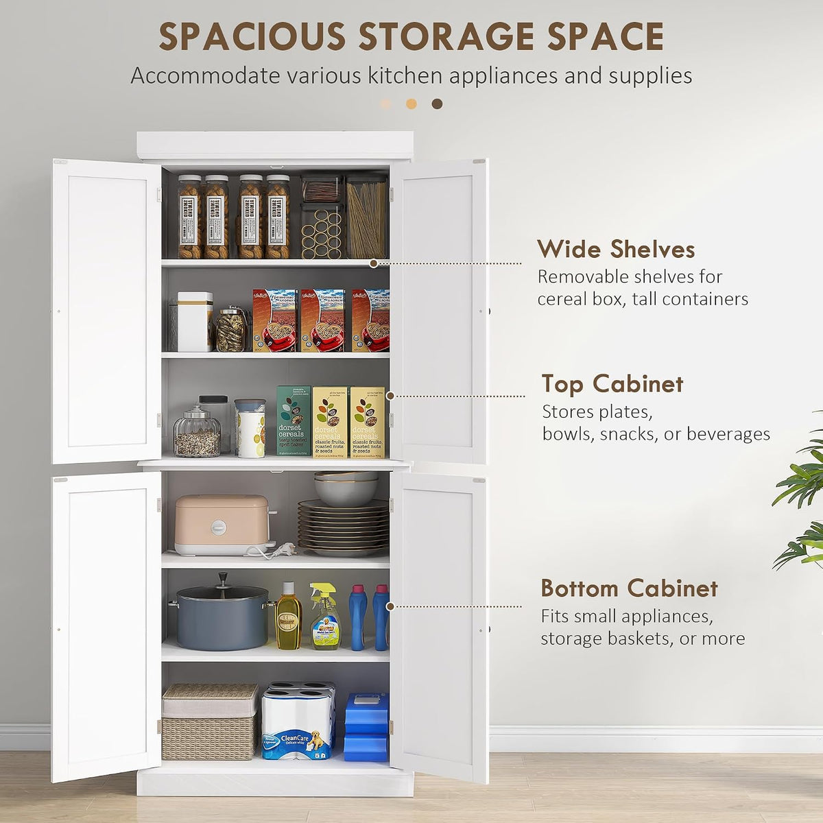 HOMCOM 72.5" Tall Kitchen Pantry Cabinet, Freestanding Modern Farmhouse Kitchen Storage Cabinet with 4 Doors and 2 Adjustable Shelves for Dining Room, White
