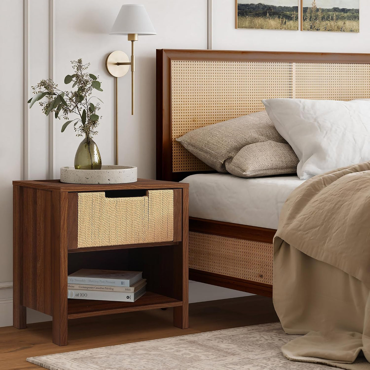 LuxenHome Nightstand with Drawer Storage, 19" Wood End Tables with Rope Front, Boho Bedside Table for Bedroom Living Room Small Sofa Couch Table for Small Space Home Office