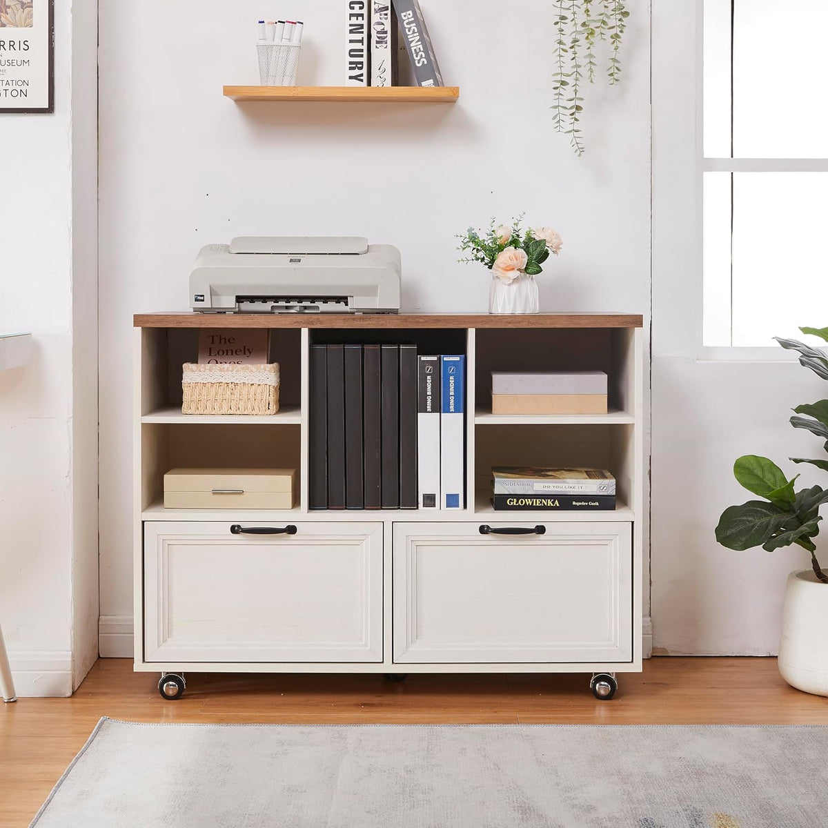 39.3" Farmhouse Wood File Cabinet with Wheels,Small Home Office Storage,Rolling File Cabinet with 2 Drawers for Legal/Letter/ A4 Size