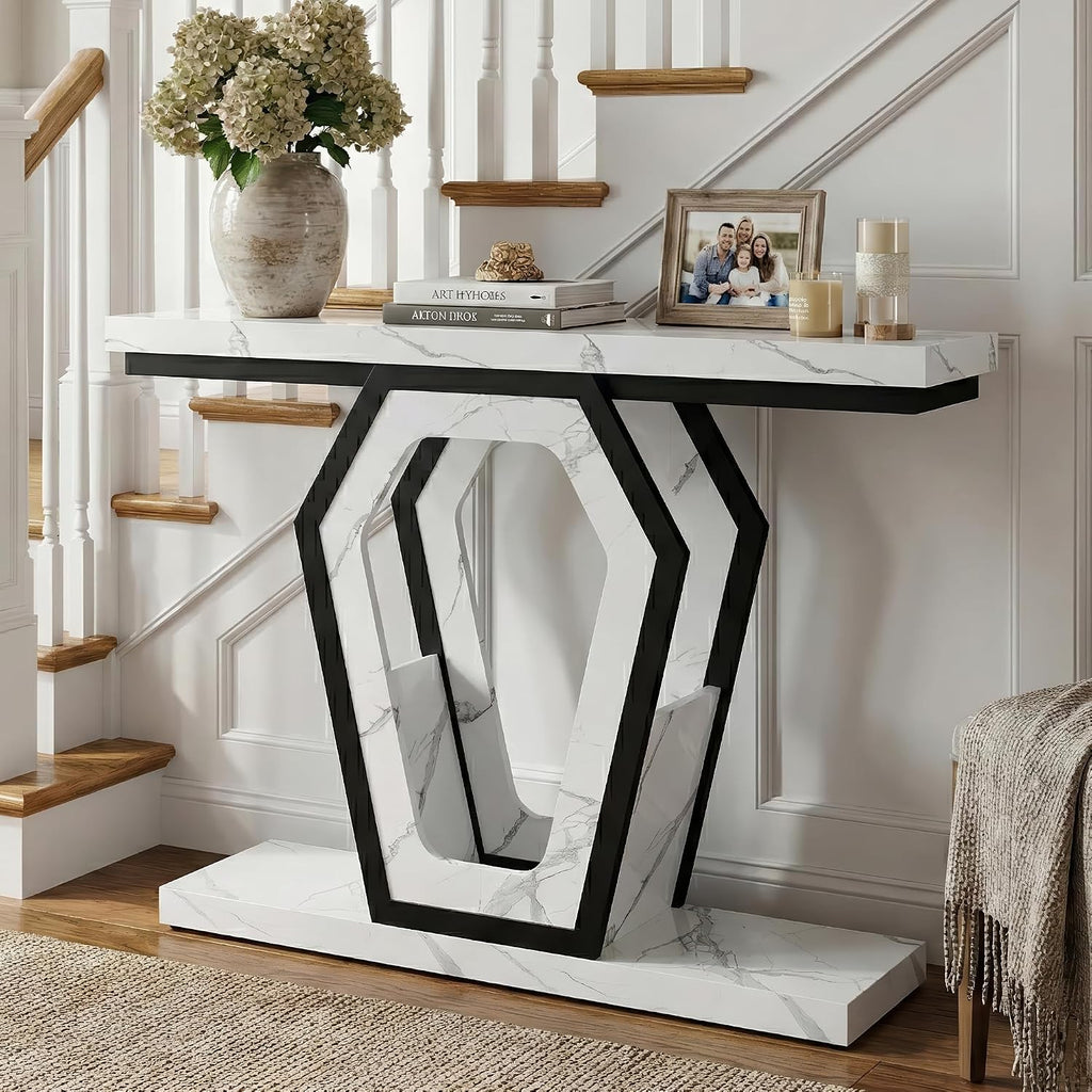 senlin Sofa Table 47.3 Inch Narrow Console Table with Openwork Frame, Industrial Entryway Table for Hallway, Rustic Wood and Metal, Adjustable Leg Pads, Easy Assembly（White Marble Texture）